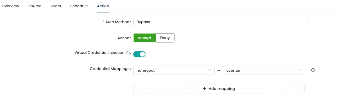 A proxy rule in Mirket, Action tab: accept or deny, virtual credential injection and the mapping from virtual to real credential