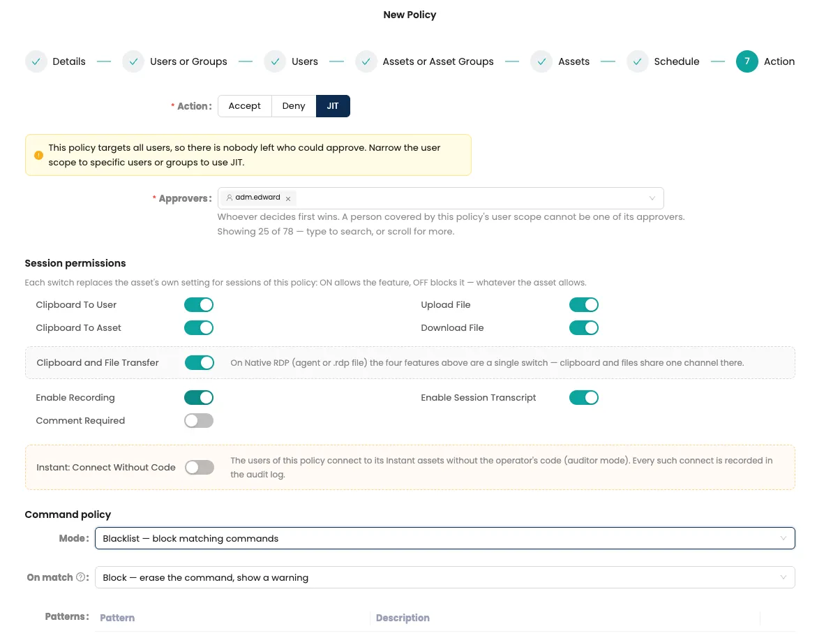 New Policy in Mirket PAM: accept, deny or just-in-time approval, session permissions, recording, transcript and command policy