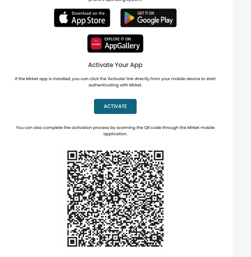 Mirket self-service user enrolment portal with QR code and mobile app setup