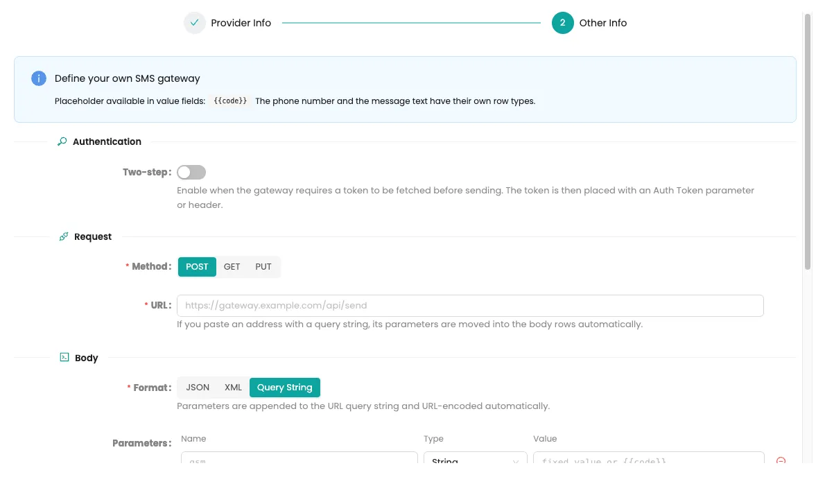 Custom SMS provider and SMS gateway integration in Mirket MFA
