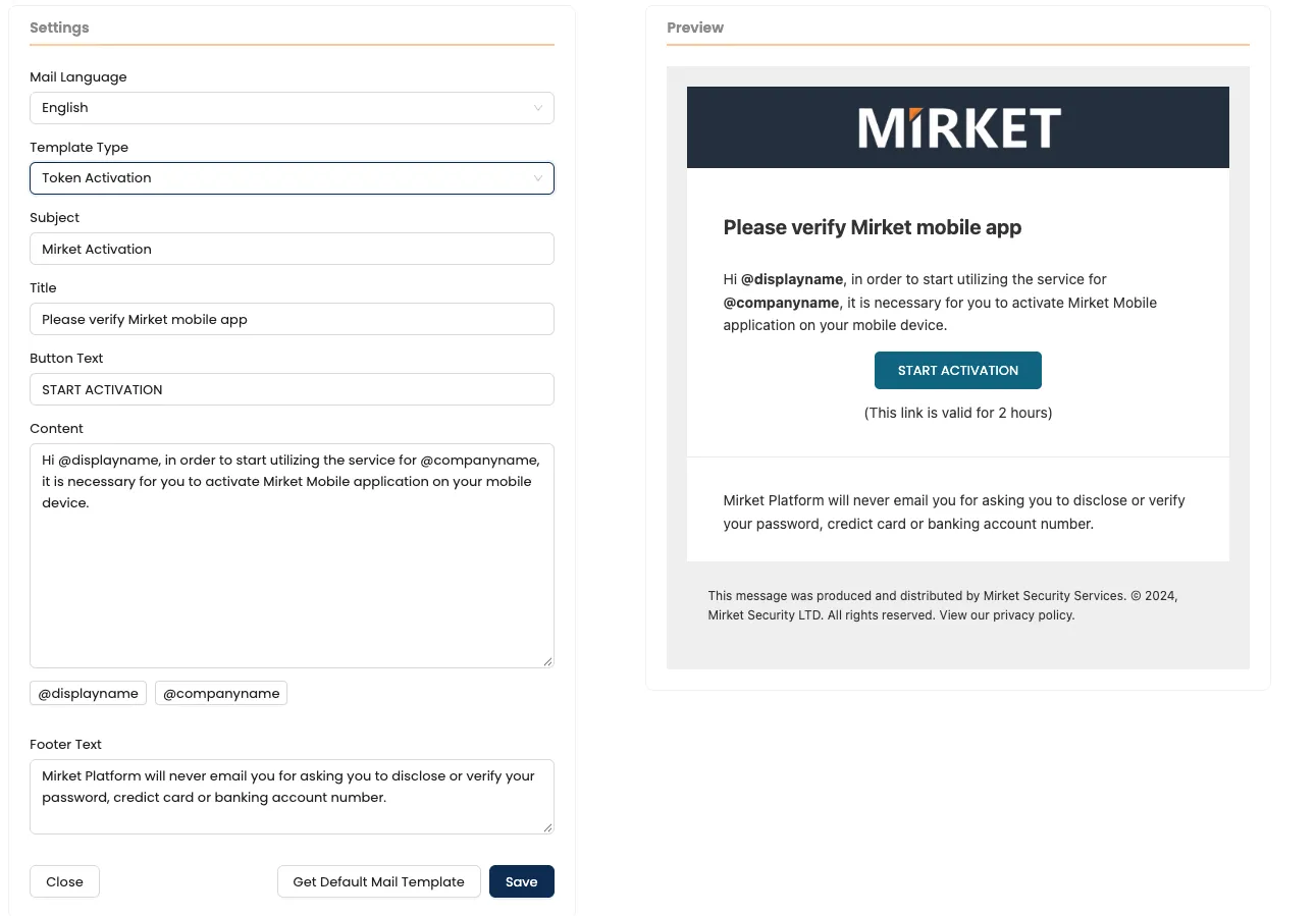 Customizable notification email templates and language settings in Mirket MFA