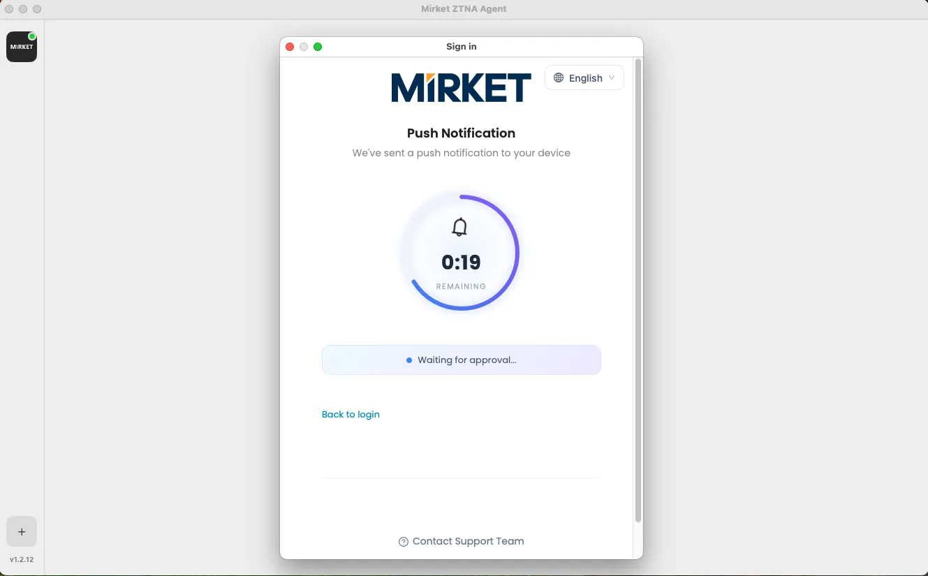 Signing in to the Mirket ZTNA Agent: a push notification waits for approval on the registered device